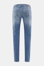 Dondup Jeans 'George' rauchblau, Rückenansicht, elastischer Denim, Skinny Fit, niedrige Bundhöhe, Five-Pocket-Stil, authentische Waschung.