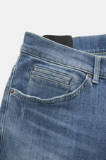Dondup Jeans 'George' rauchblau, Detailaufnahme von Bund und Taschen, Denim aus elastischer Baumwolle, authentische Waschung, Button Fly, Five-Pocket-Stil.