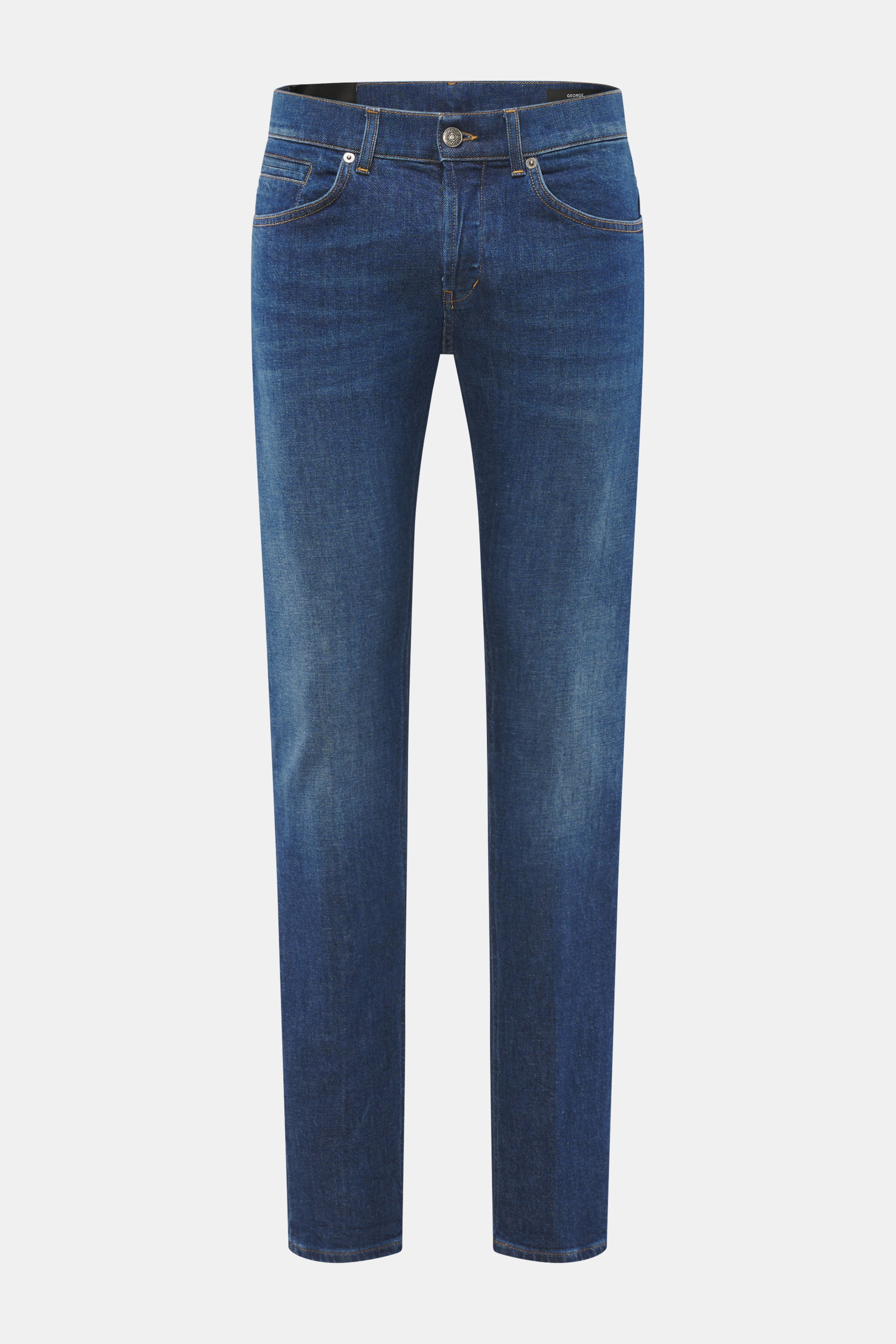 Front view of Dondup Jeans 'George' blue, comfortable denim made of elastic cotton with soft touch, authentic wash, skinny fit, narrow-cut calf, low waistband, button fly, five-pocket style including welted coin pocket, back pockets with stitching, typica