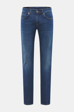 Dondup Jeans 'George' blau in Frontansicht mit schmal geschnittener Wade, niedriger Bundhöhe, authentischer Waschung und Button Fly.
