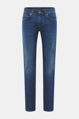 Dondup Jeans 'George' blau in Frontansicht mit schmal geschnittener Wade, niedriger Bundhöhe, authentischer Waschung und Button Fly.