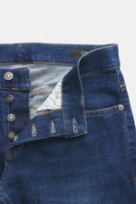 Dondup Jeans 'George' blau, Detailansicht von vorne oben, elastische Baumwolle, Button Fly, Five-Pocket-Stil, schmaler Schnitt, weicher Griff, authentische Waschung.