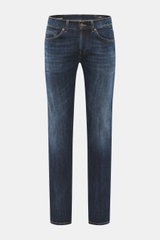 Dondup Jeans 'George' dunkelblau, frontal fotografiert, Skinny Fit aus elastischer Baumwolle mit authentischer Waschung, Button Fly, Five-Pocket-Stil.