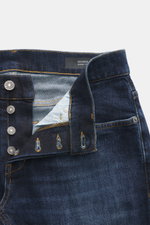 Dondup Jeans 'George' dunkelblau, Detailaufnahme von innen mit offenem Button Fly, elastischer Baumwolle, Skinny Fit, authentischer Waschung, Metall-Initial.