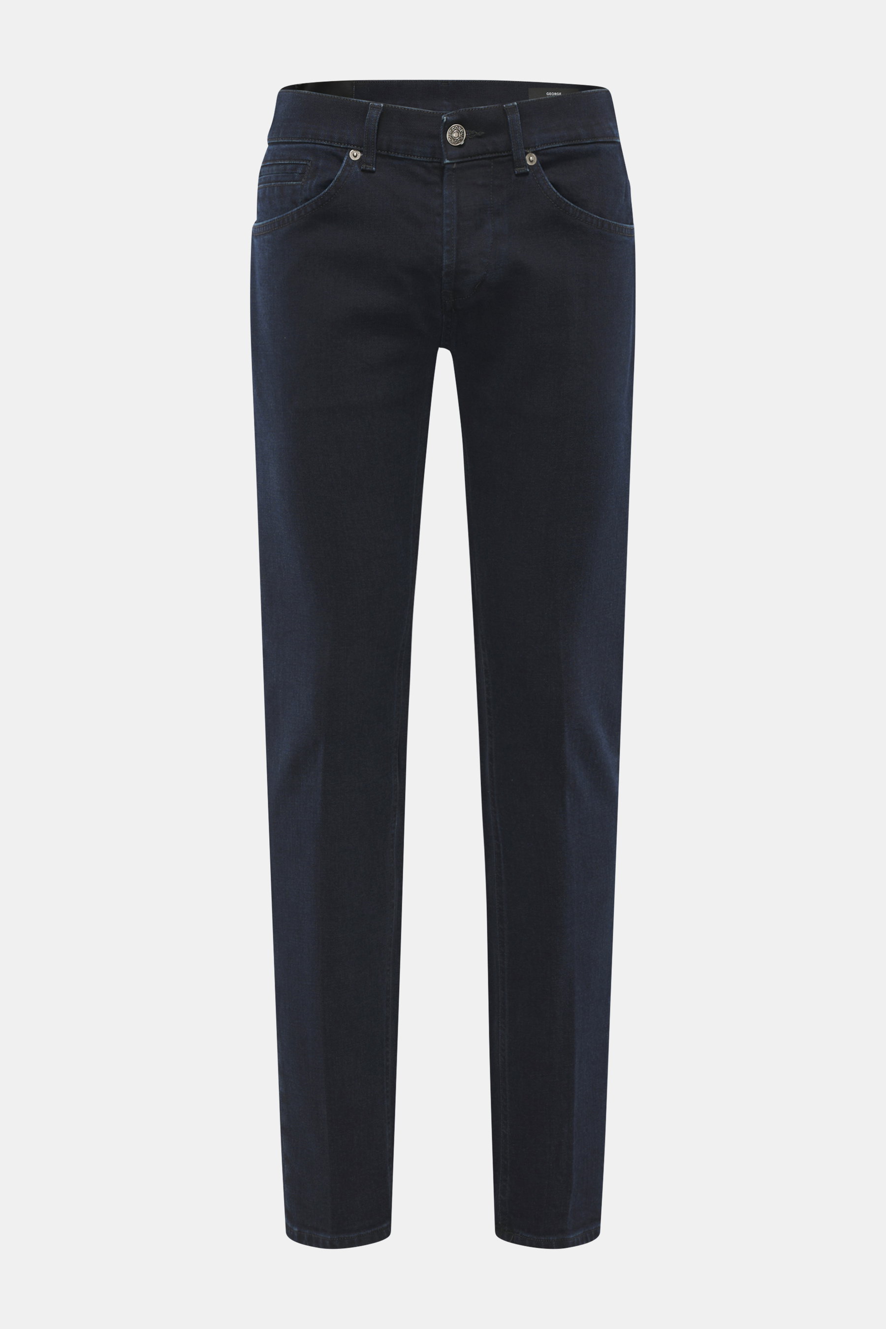 Front view of Dondup Jeans 'George' navy, comfortable elastic cotton denim with skinny fit, low waist, button fly, and five-pocket style.
