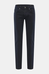 Dondup Jeans 'George' navy, frontal fotografiert, Skinny Fit aus elastischer Baumwolle mit niedriger Bundhöhe, authentischer Waschung, Button Fly, Five-Pocket-Stil, schmaler Wade.