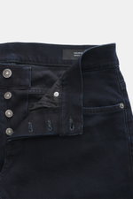 Dondup Jeans 'George' navy aus elastischer Baumwolle, detailreich von oben fotografiert mit Button Fly, Five-Pocket-Stil, weichem Griff und authentischer Waschung.