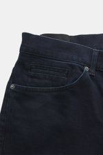 Dondup Jeans 'George' navy, Detailansicht von oben auf Bund mit paspelierter Münztasche, elastischer Denim, Skinny Fit, authentische Waschung.