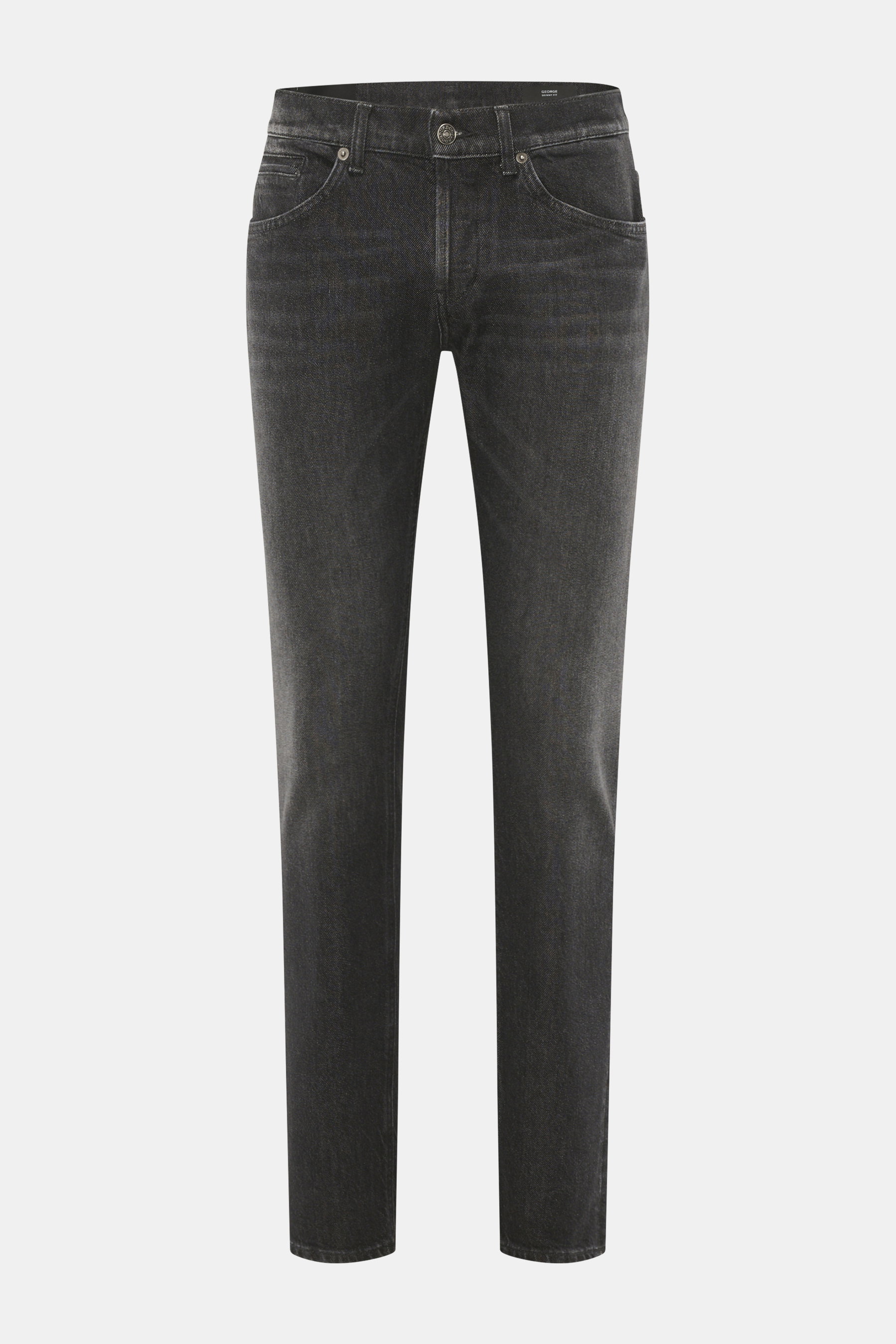 Dondup Jeans 'George' dunkelgrau in Frontansicht, Skinny Fit, niedrige Bundhöhe, elastischer Denim, Five-Pocket-Stil, authentische Waschung.