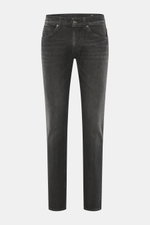 Dondup Jeans 'George' dunkelgrau in Frontansicht, Skinny Fit, niedrige Bundhöhe, elastischer Denim, Five-Pocket-Stil, authentische Waschung.