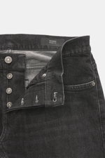 Dondup Jeans 'George' dunkelgrau, Detailaufnahme von vorne oben mit offenem Button Fly, Five-Pocket-Stil, elastischer Baumwolle, Skinny Fit, weichem Griff und authentischer Waschung.