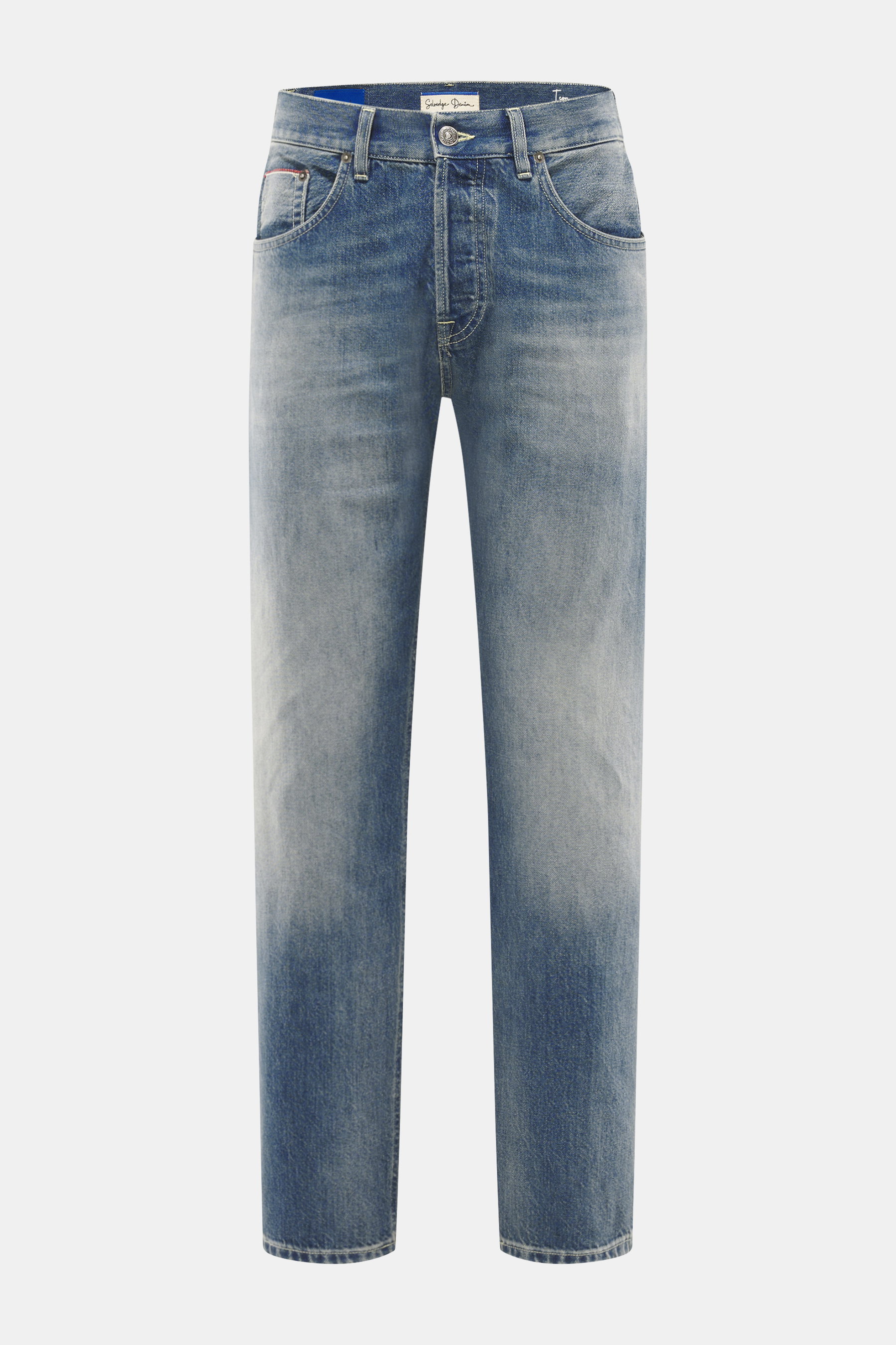 Front view of Dondup Jeans 'Icon Relax' smokey blue, selvedge denim made of pure cotton, slightly textured feel, authentic used wash, modern distressed effects, Icon Relax Fit (Tapered Fit), regular thigh width, ankle length, slightly tapered, button fly,
