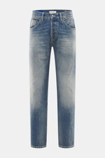 Front view of Dondup Jeans 'Icon Relax' smokey blue, selvedge denim made of pure cotton, slightly textured feel, authentic used wash, modern distressed effects, Icon Relax Fit (Tapered Fit), regular thigh width, ankle length, slightly tapered, button fly,