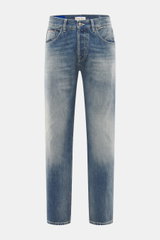 Front view of Dondup Jeans 'Icon Relax' smokey blue, selvedge denim made of pure cotton, slightly textured feel, authentic used wash, modern distressed effects, Icon Relax Fit (Tapered Fit), regular thigh width, ankle length, slightly tapered, button fly,
