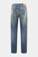 Back view of Dondup Jeans 'Icon Relax' smokey blue showing selvedge denim made of pure cotton, slightly textured feel, authentic used wash, modern distressed effects, Icon Relax Fit (Tapered Fit), regular thigh width, ankle length, slightly tapered legs, 