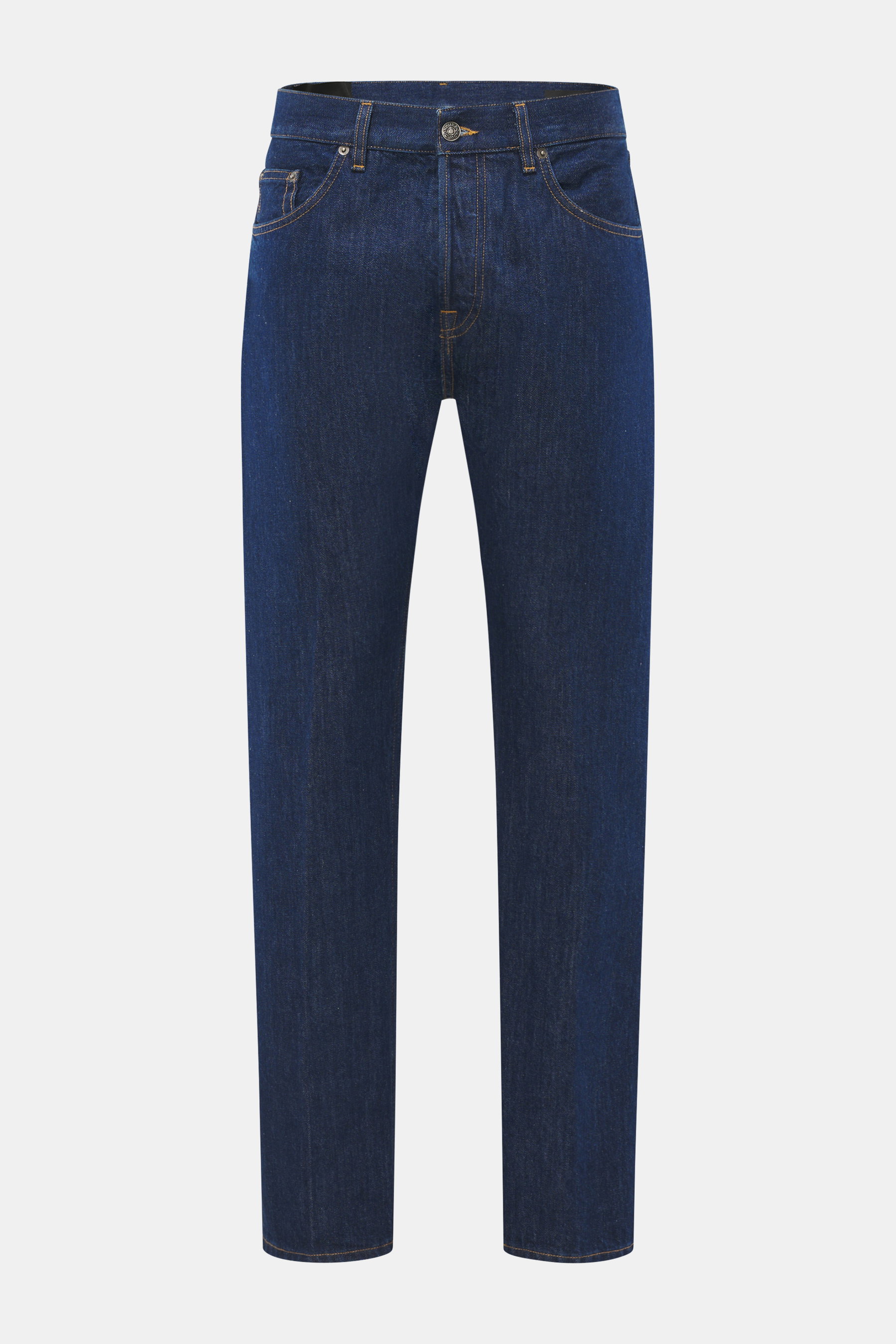 Front view of Dondup Jeans 'Icon Regular Fit' navy denim featuring a button fly, five-pocket style, and slim tapering.

Description: <p>The 'Icon Regular Fit' jeans by DONDUP offer a comfortable fit and a modern raw design that give the denim model its ca