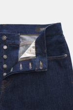 Dondup Jeans 'Icon Regular Fit' navy, Detailaufnahme von vorne mit offenem Button Fly, Five-Pocket-Stil, Metall-Initial, Baumwolle, schmal zulaufend, Raw-Design.