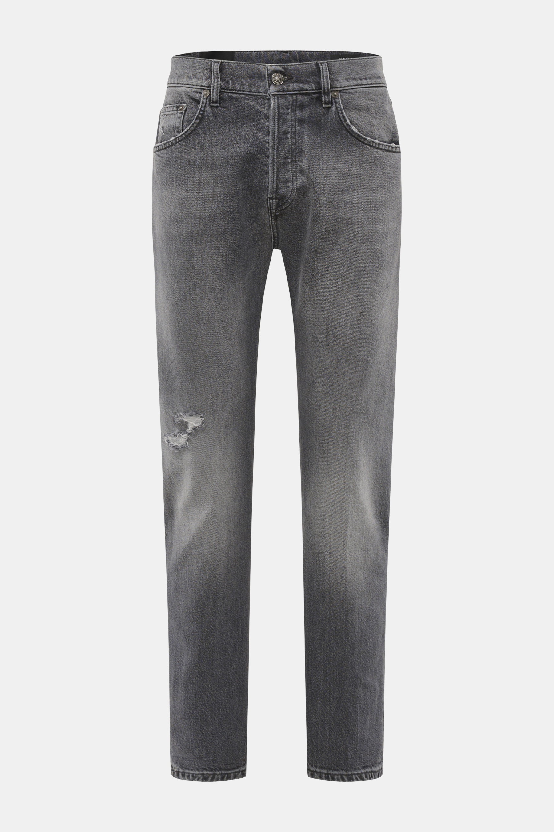 Front view of Dondup Jeans 'Icon Relax' grey, pure cotton with slightly textured feel, authentic used wash, modern distressed effects, Icon Fit slim, narrow-cut thigh, tapered fit, short cut, button fly, five-pocket style.