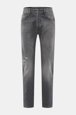 Front view of Dondup Jeans 'Icon Relax' grey, pure cotton with slightly textured feel, authentic used wash, modern distressed effects, Icon Fit slim, narrow-cut thigh, tapered fit, short cut, button fly, five-pocket style.