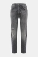 Front view of Dondup Jeans 'Icon Relax' grey, pure cotton with slightly textured feel, authentic used wash, modern distressed effects, Icon Fit slim, narrow-cut thigh, tapered fit, short cut, button fly, five-pocket style.