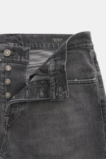 Close-up front view of Dondup Jeans 'Icon Relax' grey showing button fly, five-pocket style, pure cotton with slightly textured feel, authentic used wash, modern distressed effects, Icon Fit (Slim Fit), narrow-cut thigh, tapered fit, and short cut.
