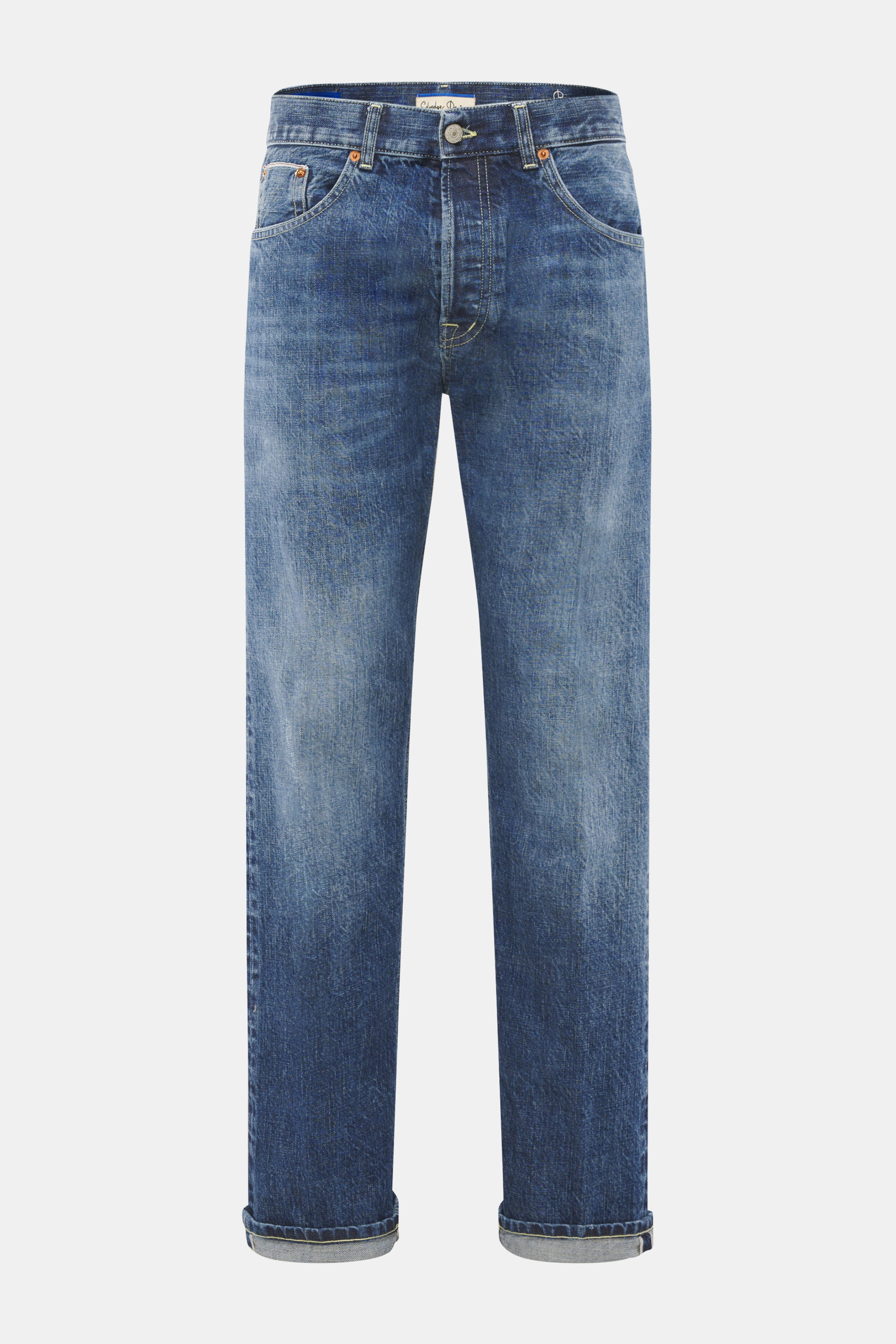 Front view of Dondup Jeans 'Bray' blue, regular fit selvedge denim with button fly, five-pocket style, leather patch, and authentic wash.