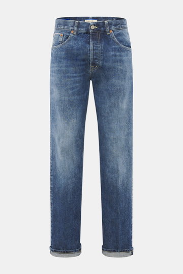 Dondup Jeans 'Bray' blau, Frontansicht, Regular Fit aus Selvedge Denim mit charaktervoller Waschung, Button Fly, Five-Pocket-Stil, Metall-Initial und Leather Patch.