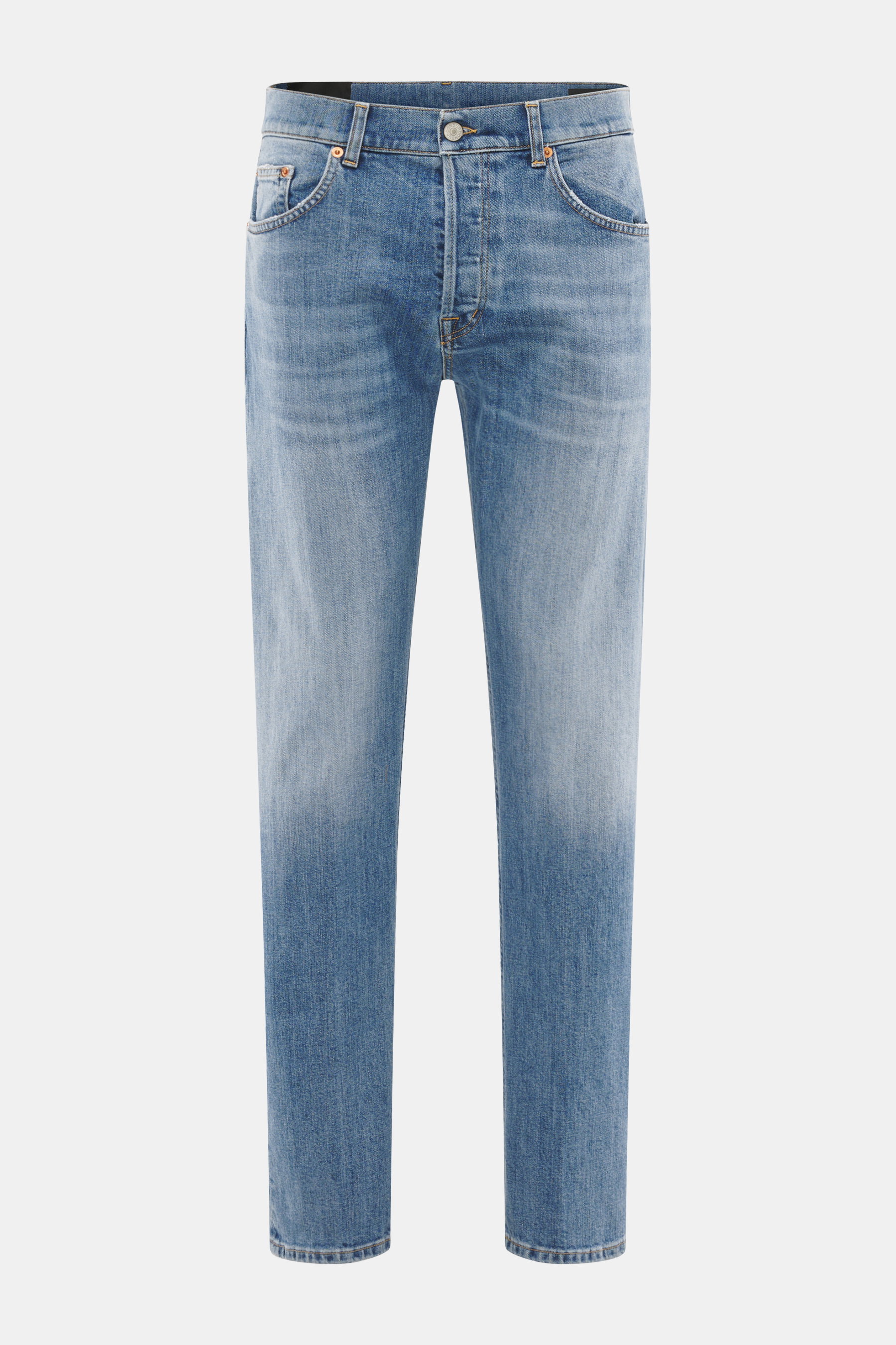 Front view of Dondup Jeans 'Bray' smoky blue, denim made of elastic cotton, soft feel, authentic wash, regular fit, button fly, five-pocket style, small metal initial.