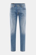 Front view of Dondup Jeans 'Bray' smoky blue, denim made of elastic cotton, soft feel, authentic wash, regular fit, button fly, five-pocket style, small metal initial.