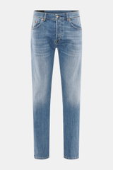 Front view of Dondup Jeans 'Bray' smoky blue, denim made of elastic cotton, soft feel, authentic wash, regular fit, button fly, five-pocket style, small metal initial.