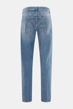 Back view of Dondup Jeans 'Bray' smoky blue in regular fit, elastic cotton denim with soft feel, authentic wash, button fly, five-pocket style, and small metal initial.