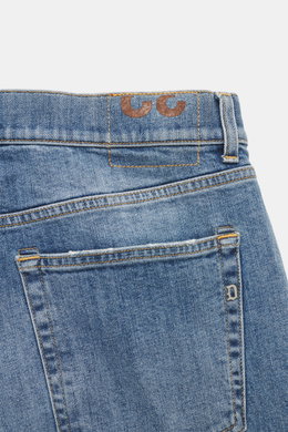 Back view close-up of Dondup Jeans 'Bray' smoky blue showing denim made of elastic cotton, soft feel, authentic wash, regular fit, button fly, five-pocket style, and small metal initial.