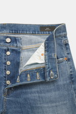 Front close-up view of Dondup Jeans 'Bray' smoky blue in regular fit, denim made of elastic cotton with soft feel, authentic wash, button fly, five-pocket style, and small metal initial.