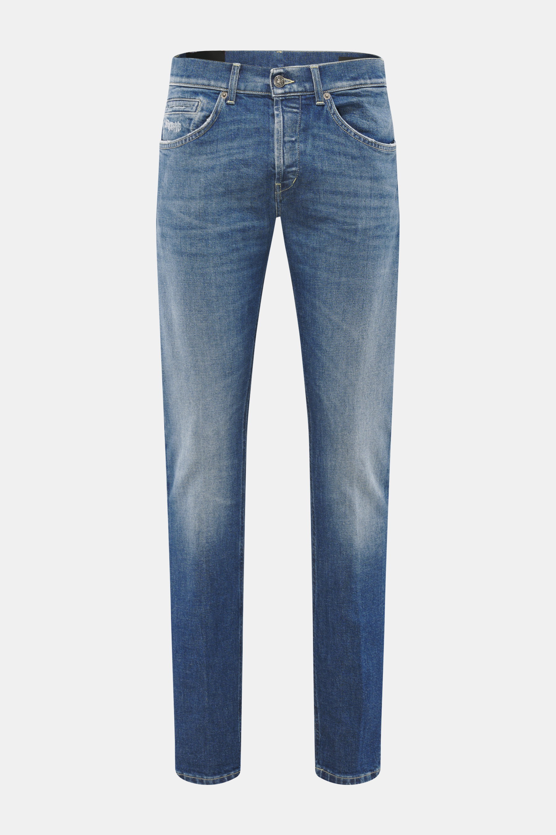Front view of Dondup Jeans 'George' smoky blue, comfortable denim made from elastic cotton with authentic wash, skinny fit, low rise, button fly, five-pocket style, narrow-cut calf, welt coin pocket, back pockets with stitching, typical metal initial, and