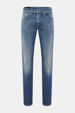 Dondup Jeans 'George' rauchblau, frontal, elastischer Denim, Skinny Fit, niedriger Bund, Five-Pocket-Stil, authentische Waschung, Button Fly.