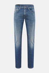Dondup Jeans 'George' rauchblau, frontal, elastischer Denim, Skinny Fit, niedriger Bund, Five-Pocket-Stil, authentische Waschung, Button Fly.