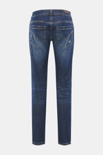 Rear view of Dondup Jeans 'George' dark blue made of stretch cotton with authentic wash, skinny fit, low waist, five-pocket style, and stitched back pockets.