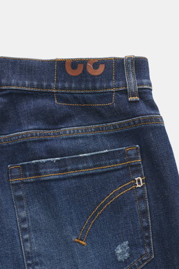 Close-up rear view of Dondup Jeans 'George' dark blue showing authentic wash, back pockets with stitching, typical metal initial, and belt loop. Comfortable denim: The 'George' jeans from DONDUP made of stretch cotton can be combined in many ways for casu