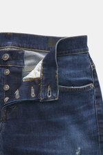 Dondup Jeans 'George' dark blue shown from the open front waist, featuring button fly, stretch cotton denim, authentic wash, skinny fit, five-pocket style, and detailed stitching. Comfortable denim: The 'George' jeans from DONDUP made of stretch cotton ca