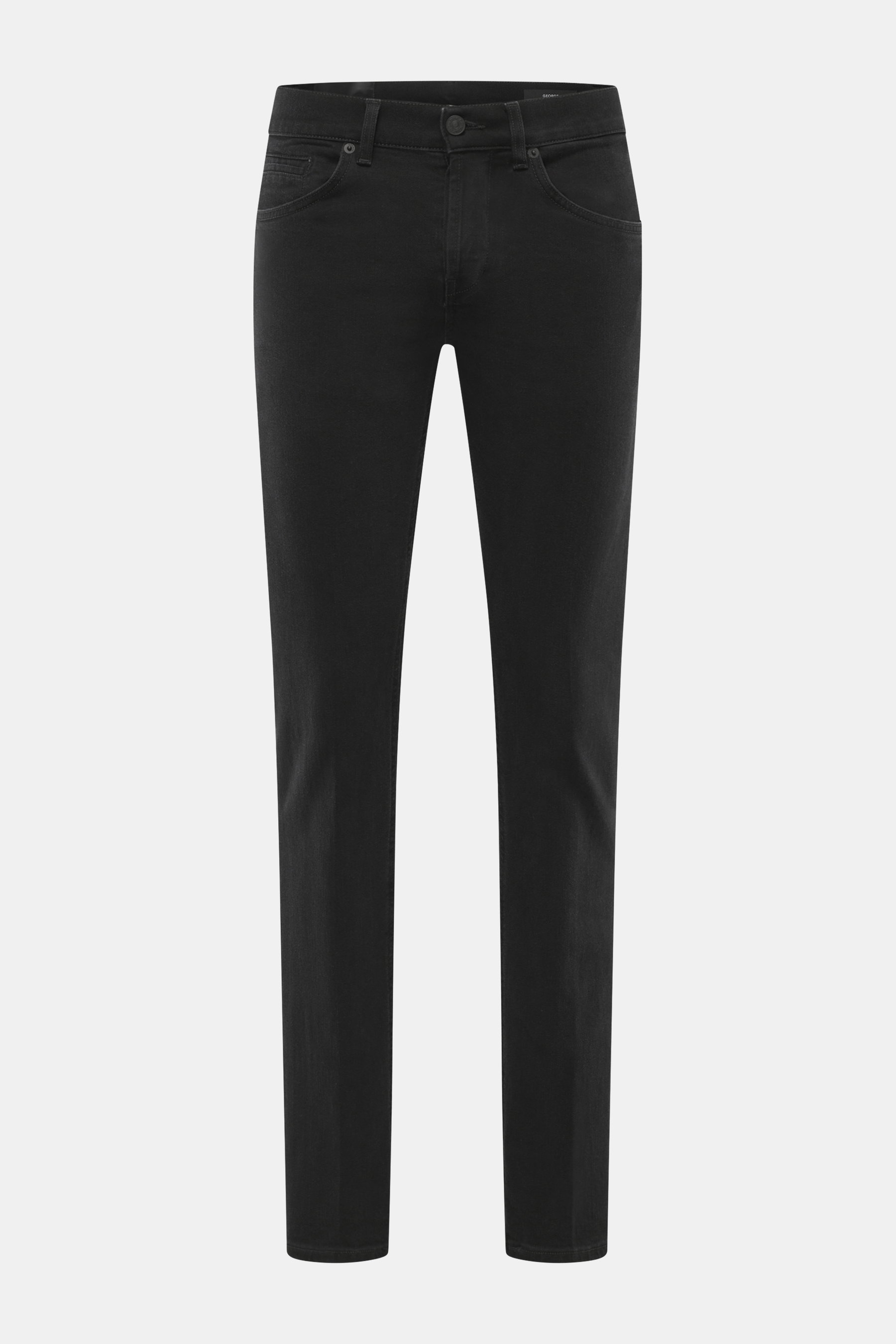 Front view of Dondup Jeans 'George' black in stretchy cotton denim, skinny fit with low waist, button fly, five-pocket style, soft feel, authentic used wash.