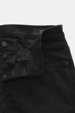 Dondup Jeans 'George' schwarz, Detailaufnahme von Bund und Button Fly, Denim aus elastischer Baumwolle, Skinny Fit, Five-Pocket-Stil, Metall-Initial.