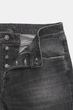 Close-up front view of Dondup Jeans 'Icon Relax' dark grey showing button fly, five-pocket style, denim made of cotton and viscose, slightly elastic quality, slightly textured feel, Icon Relax Fit (equivalent to Tapered Fit), regular thigh width, and ankl