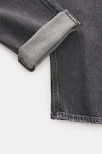 Dondup Jeans 'Icon Relax' dark grey shown from above, highlighting the cuff with denim made of cotton and viscose, slightly elastic quality, slightly textured feel, Icon Relax Fit (Tapered Fit), regular thigh width, ankle length, button fly, and five-pock