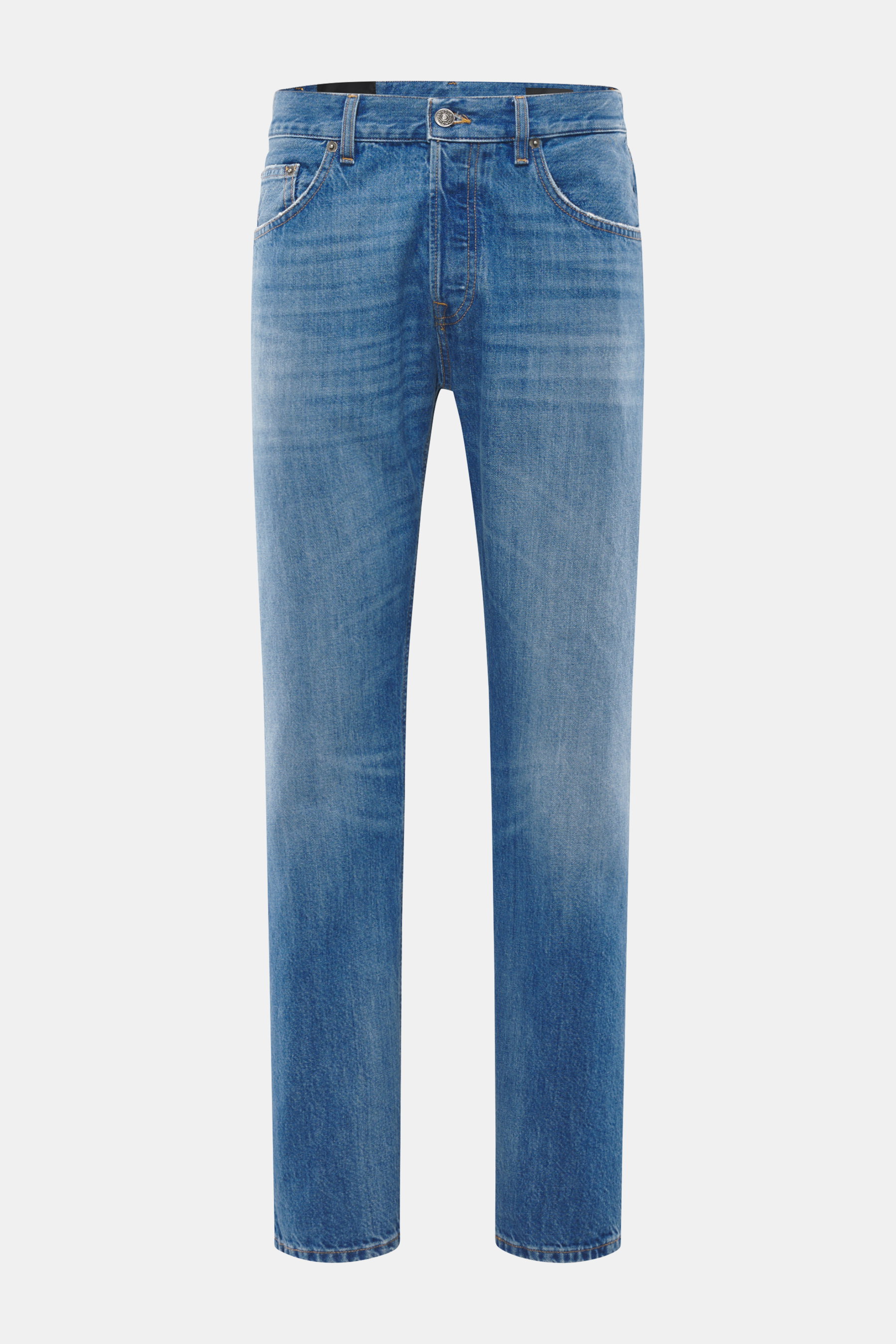 Dondup Jeans 'Icon Relax' blau, frontale Ansicht, reine Baumwolle, leicht griffig, Used-Waschung, Distressed, Icon Fit, schmaler Oberschenkel, zulaufend, kurz, Button Fly, Five-Pocket.