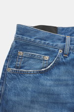 Dondup Jeans 'Icon Relax' blau, Nahaufnahme der Fronttasche und Bund, reine Baumwolle, Used-Waschung, Distressed, Icon Fit, Button Fly, Five-Pocket-Stil.