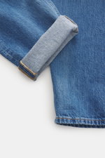 Dondup Jeans 'Icon Relax' blau, Detailaufnahme von innen und außen, reine Baumwolle, Used-Waschung, Button Fly, Five-Pocket, schmaler Oberschenkel, kurz, slim fit.