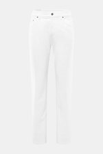 Front view of Dondup Jeans 'Icon Relax' offwhite in denim cotton with slightly elastic quality, textured feel, relaxed fit, regular thigh, ankle-length, button fly, and five-pocket style.
