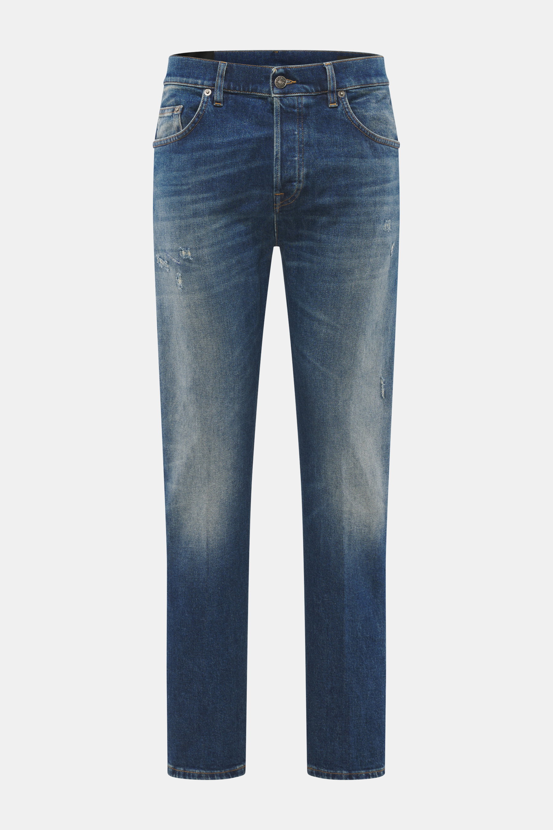Front view of Dondup Jeans 'Icon' grey blue made of elastic cotton denim, with a slightly textured feel, authentic used wash, modern distressed effects, Icon fit (slim fit), slim cut thigh, narrowing towards the hem, short cut, button fly, and five-pocket