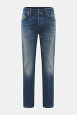 Dondup Jeans 'Icon' graublau in Frontansicht, Denim aus elastischer Baumwolle, authentische Used-Waschung, Distressed-Effekte, Icon Fit, Button Fly, Five-Pocket-Stil.