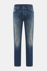 Dondup Jeans 'Icon' graublau in Frontansicht, Denim aus elastischer Baumwolle, authentische Used-Waschung, Distressed-Effekte, Icon Fit, Button Fly, Five-Pocket-Stil.